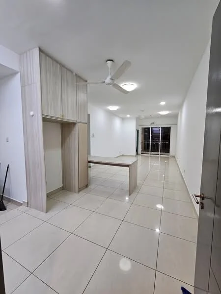 Room features: white painted walls, glossy ceramic tile flooring, ceiling fan, recessed ceiling lights, built-in cabinetry, open layout, large windows, door leading to outdoor area; style: modern.