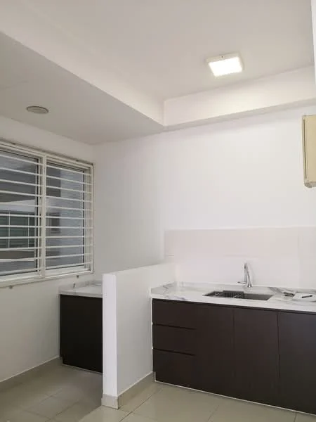 Kitchen features: white painted walls, tile flooring, single-bowl stainless-steel sink, chrome pull-down faucet, white countertop, dark wood cabinetry, built-in oven, window with horizontal blinds, recessed downlights; style: modern.