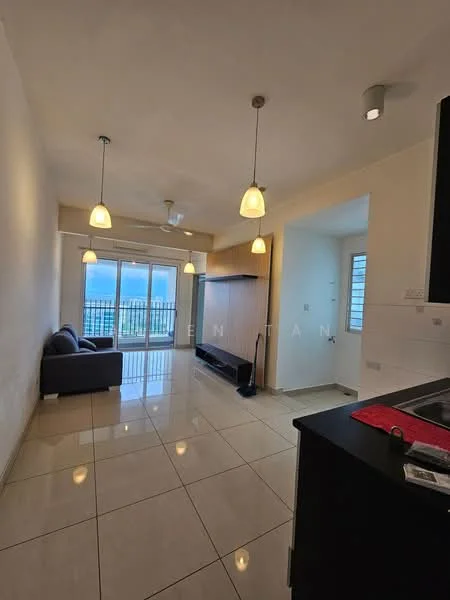 Living features: grey fabric sofa, wall-mounted TV, TV console, recessed downlights, 3-blade ceiling fan, pendant lighting, large sliding glass door, glossy ceramic tile flooring, white painted walls, balcony view; style: modern; view: city.