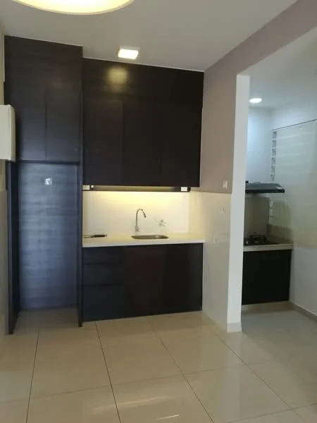 Kitchen features: dark wood cabinetry, white countertop, single-bowl stainless-steel sink, chrome pull-down faucet, built-in gas hob, exhaust hood, white tiled backsplash, ceramic tile flooring, recessed downlights, fridge space, open shelving; style: modern.