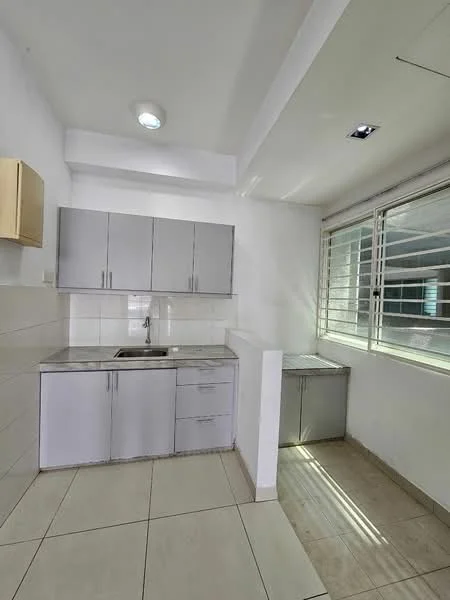 Kitchen features: grey cabinetry, stainless-steel sink, chrome faucet, white tiled backsplash, countertop with grey surface, built-in cupboard, window with horizontal grilles, tile flooring, natural light from window; style: modern.