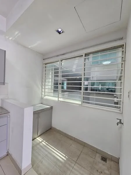 Room features: white painted walls, tile flooring, window with horizontal slats, single-bowl stainless-steel sink, countertop, built-in cabinetry, recessed downlight, natural light from window; style: modern.