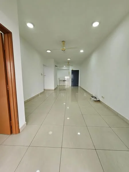 Room features: white painted walls, glossy beige floor tiles, ceiling fan, doorway to adjacent room, recessed lighting, open layout, neutral color scheme, no visible furniture; style: modern.