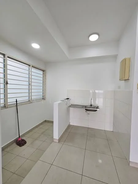 Laundry features: white painted walls, tile flooring, single-bowl stainless-steel sink, wall-mounted faucet, window with horizontal slats, light fixture on ceiling, cleaning mop, countertop, white tiled backsplash; style: modern.