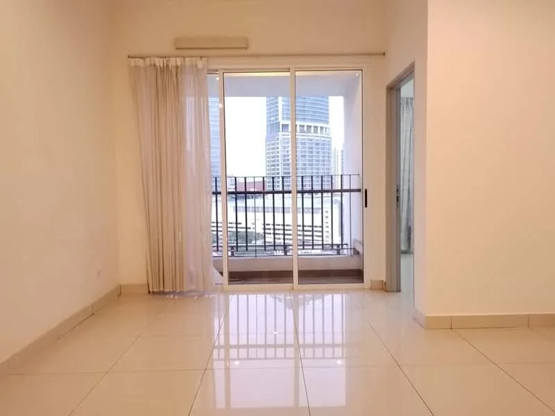 Living features: white painted walls, glossy ceramic tile flooring, floor-to-ceiling sliding glass door, sheer curtains, balcony access, air conditioning unit, neutral color scheme, open layout; style: modern; view: city.