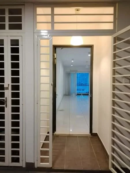 Room features: white painted walls, tile flooring, glass door, sliding door, ceiling light fixture, louvered windows, neutral color scheme, open layout, curtains, visible living area in background; style: modern.
