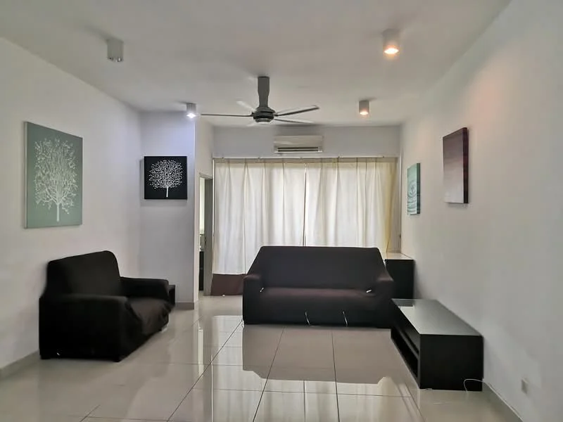 Living features: white painted walls, glossy tile flooring, 5-blade ceiling fan with light, sofa in black fabric, 2-seater sofa in black fabric, wall-mounted TV console, large window with sheer curtains, decorative wall art with tree design, recessed lighting; style: modern.