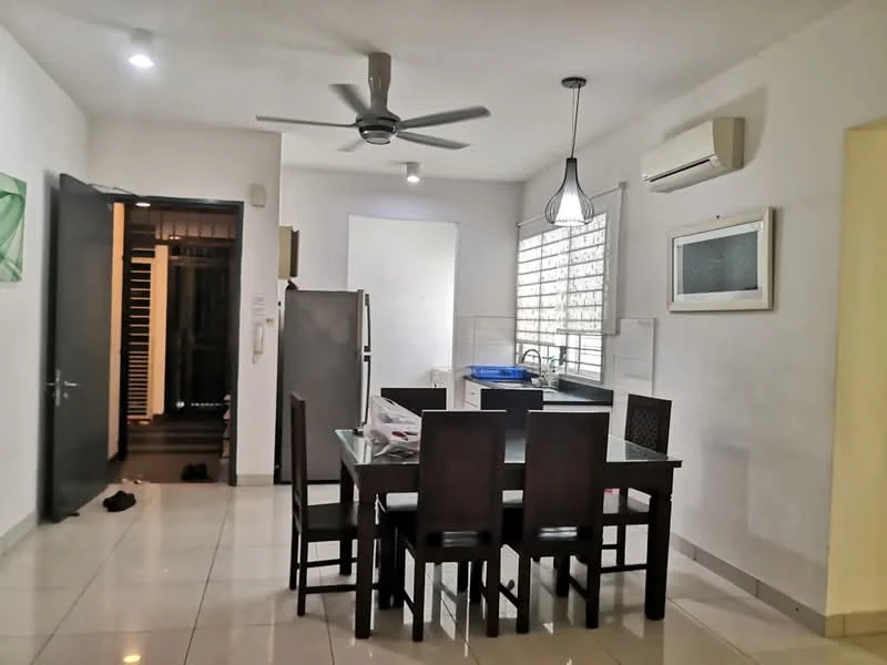 Dining features: 6-seater dining table, black wooden dining chairs, ceiling fan with light, recessed downlights, wall-mounted air conditioning unit, white painted walls, glossy tile flooring, large window with grid pattern, pendant light fixture; style: modern. Room features: black door, open doorway leading to hallway, white walls, tile flooring.
