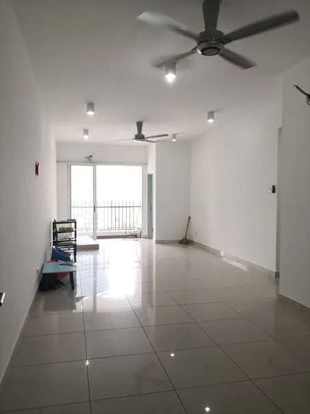 Living features: white painted walls, glossy ceramic tile flooring, 3-blade ceiling fan, recessed LED downlights, floor-to-ceiling windows, sliding glass door, balcony access, natural light from windows; style: modern; view: city.