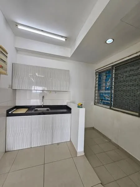 Kitchen features: white cabinetry with textured surface, black countertop, single-bowl stainless-steel sink, chrome faucet, wall-mounted shelving, tile backsplash, fluorescent ceiling lights, window with metal grille, ceramic tile flooring, neutral wall color; style: modern.