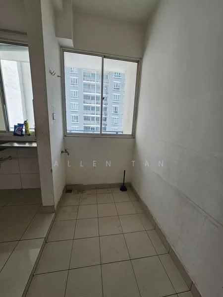 Room features: white painted walls, tile flooring, floor-to-ceiling window, natural light, unknown plumbing fixture, corner space, empty room; view: city.