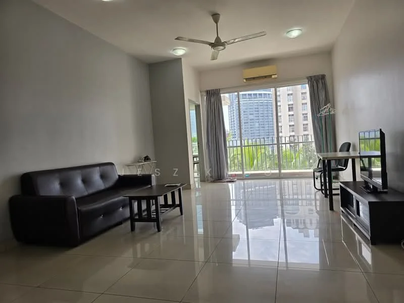 Living features: 3-seater leather sofa in black, coffee table, wall-mounted TV, TV console, floor-to-ceiling windows, sliding glass door, white painted walls, recessed downlights, ceiling fan, glossy tile flooring, curtains, dining table with chairs, view of city skyline; style: modern; view: city.