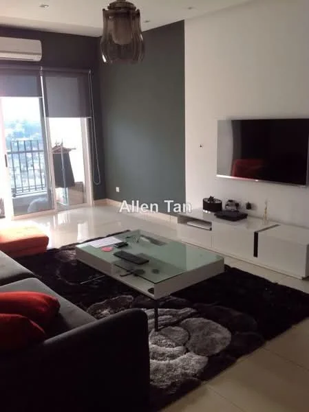 Living features: 3-seater fabric sofa in black, red accent pillows, glass coffee table, area rug with circular pattern, wall-mounted TV, TV console in white, floor-to-ceiling windows, sliding glass door, curtains, recessed downlights, air conditioning unit; style: modern; view: city.