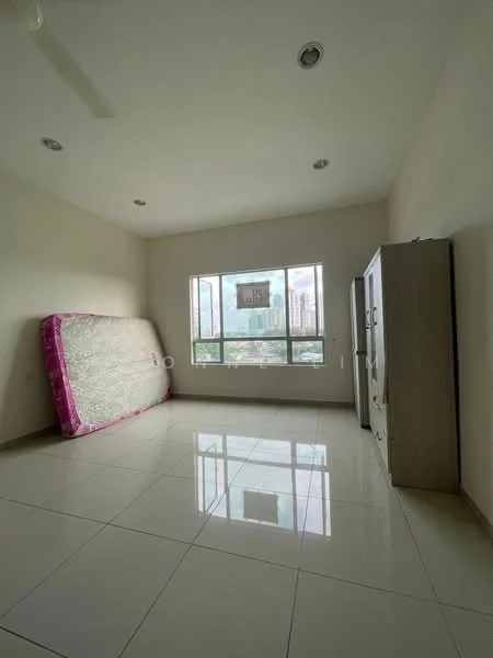 Room features: white painted walls, glossy tile flooring, large window with city view, ceiling fan, unmade mattress leaning against wall, wooden wardrobe, natural light from window; style: modern; view: city.