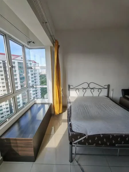 Bedroom features: single bed frame with mattress, wooden window seat, floor-to-ceiling windows, yellow curtains, white painted walls, glossy tile flooring, metal bed frame, natural light from windows; style: modern; view: city.