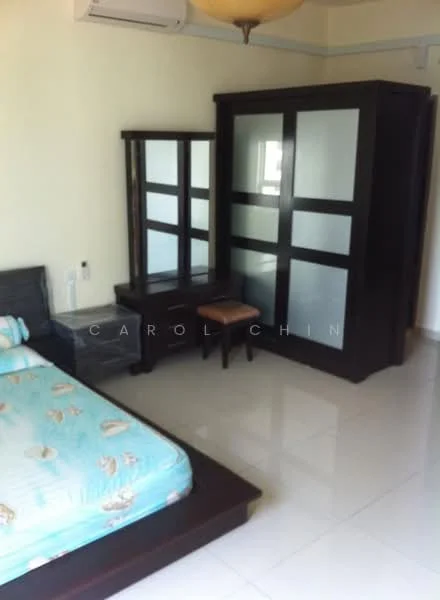 Bedroom features: queen-size bed with patterned bedding, dark wood bed frame, built-in wardrobe with sliding doors, dressing table with mirror, wooden stool, white painted walls, glossy tile flooring, 1 wall-mounted split AC, ceiling light fixture; style: modern.