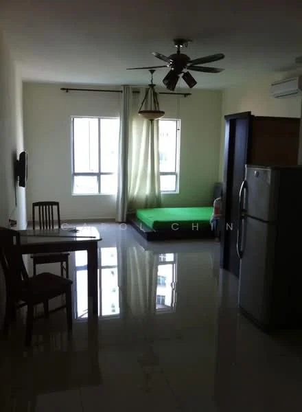 Living features: 5-blade ceiling fan with light, floor-to-ceiling windows, green mattress on bed frame, wooden dining table with chair, stainless-steel fridge, light-colored walls, glossy tile flooring, curtains, wall-mounted TV, built-in wardrobe; style: modern.