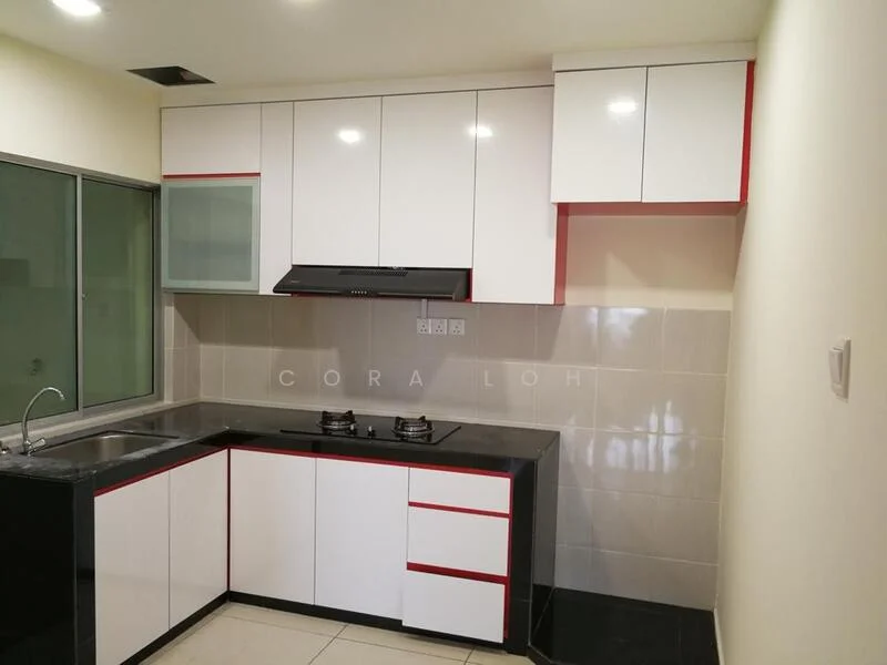 Kitchen features: white cabinetry with red accents, black granite countertop, stainless-steel sink, chrome pull-down faucet, built-in range hood, 2-burner gas hob, ceramic tile backsplash, light-colored walls, sliding glass window, recessed lighting, floor tiles, open shelving; style: modern.