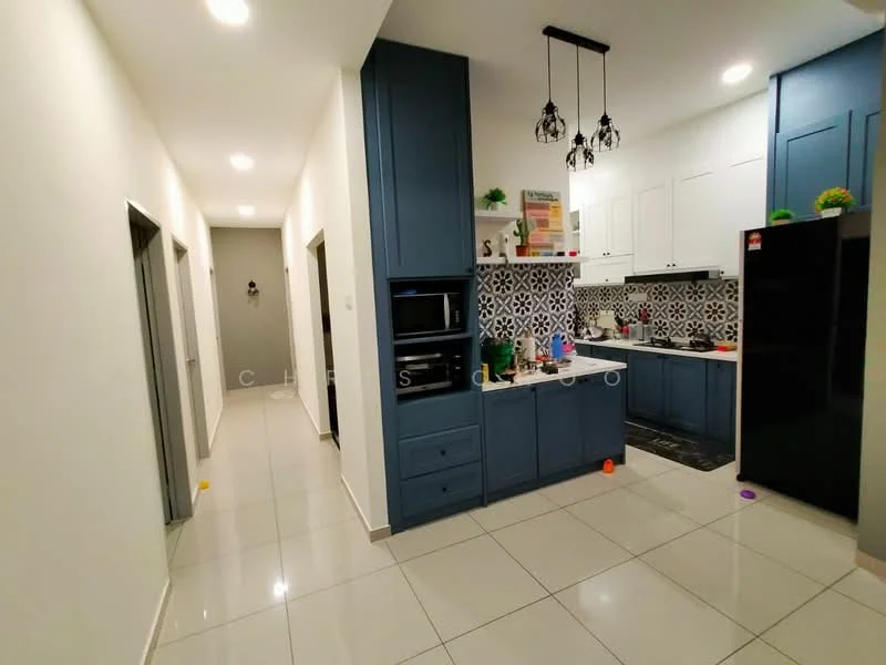 Kitchen features: blue cabinetry, white upper cabinets, black countertop, stainless-steel built-in oven, stainless-steel microwave, 4-burner gas hob, black backsplash with geometric pattern, double-bowl stainless-steel sink, chrome pull-down faucet, recessed downlights, tile flooring, open shelving, decorative plants, kitchen island, wall-mounted kitchen storage; style: modern. Hallway features: white painted walls, tile flooring, recessed lighting, doors to rooms, decorative wall art; style: modern.