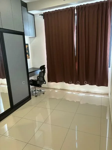 Study features: brown curtains, white walls, glossy tile flooring, desk with chair, black office chair, built-in cabinetry, framed artwork, floor-to-ceiling windows; style: modern.