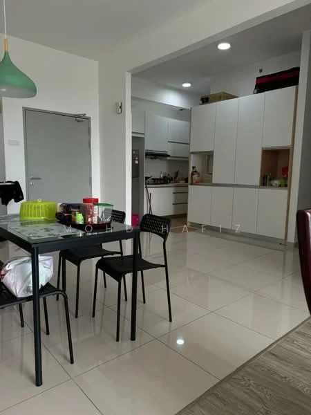 Kitchen features: white cabinetry, stainless-steel fridge, built-in oven, ceramic tile flooring, recessed downlights, kitchen island, black dining table, black dining chairs, green pendant light, open shelving, countertop with storage; style: modern.