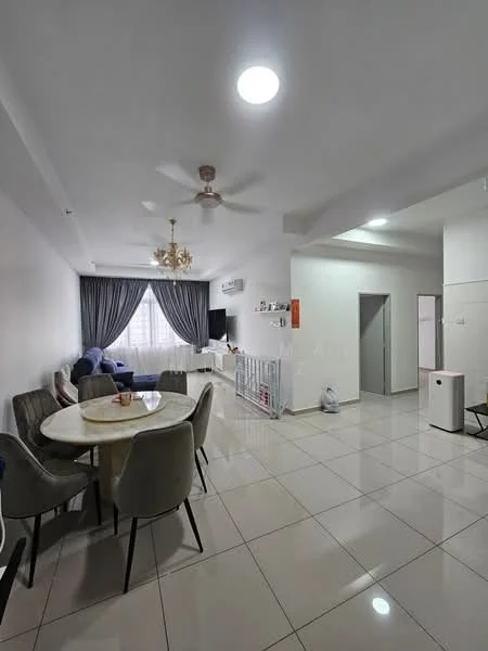 Living features: white painted walls, polished ceramic tile flooring, 5-blade ceiling fan with light, chandelier, floor-to-ceiling windows with sheer curtains, sofa in blue fabric, round dining table, upholstered dining chairs, TV console, wall-mounted TV, decorative wall shelving, air conditioning unit; style: modern.