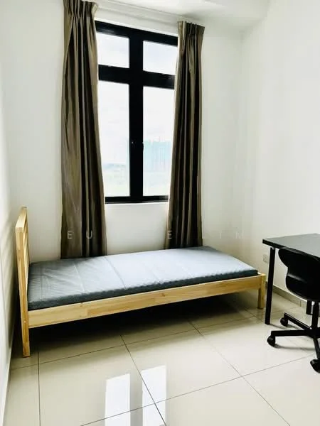 Bedroom features: single bed frame in wood, mattress on bed, floor-to-ceiling window, blackout curtains, white painted walls, glossy tile flooring, study desk, office chair; style: minimalist.