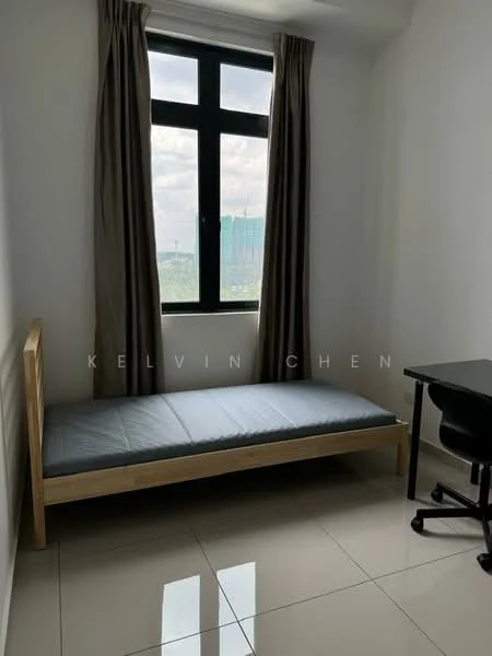 Bedroom features: single bed frame, mattress, floor-to-ceiling window, grey curtains, white painted walls, glossy tile flooring, study desk, black office chair; style: modern; view: city.