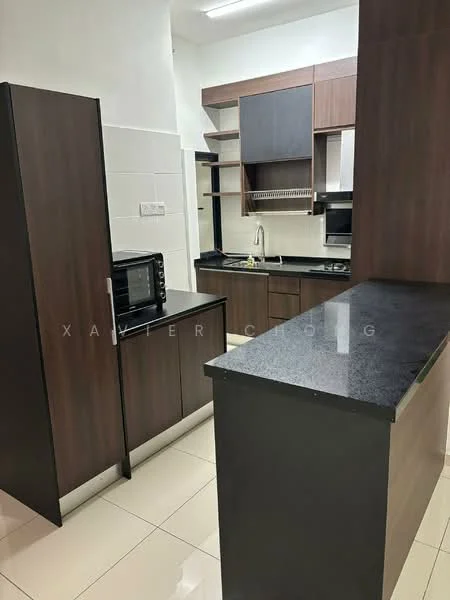Kitchen features: dark wood cabinetry, black granite countertop, stainless-steel sink, chrome pull-down faucet, built-in microwave, freestanding range oven, black backsplash, ceramic tile flooring, recessed downlights, open shelving, kitchen island, under-cabinet lighting; style: modern.