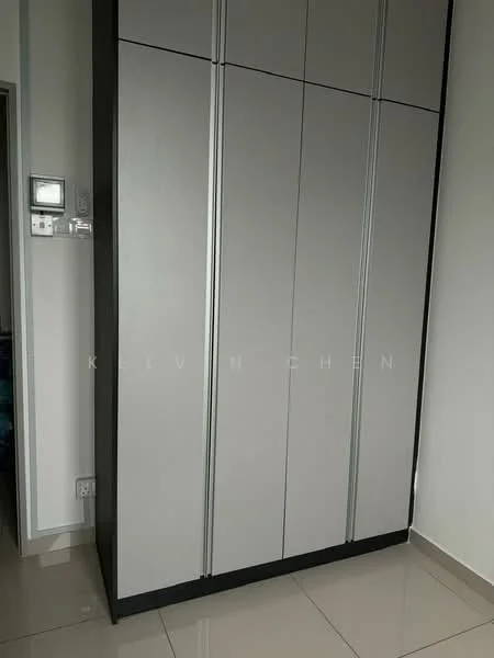 Room features: built-in wardrobe with grey panels, sliding doors, glossy finish, floor tiles, neutral wall colour, corner of room visible, light source from ceiling, minimalist design; style: modern.