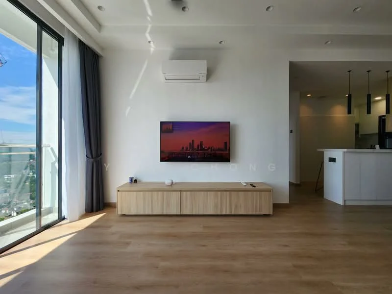 Living features: floor-to-ceiling windows, sliding glass door, light wood flooring, white painted walls, wall-mounted TV, wooden TV console, 1 wall-mounted split AC, recessed downlights, sheer curtains, decorative wall art; style: modern; view: city. Kitchen features: open kitchen layout, white cabinetry, kitchen island, stainless-steel appliances, pendant lighting; style: modern.