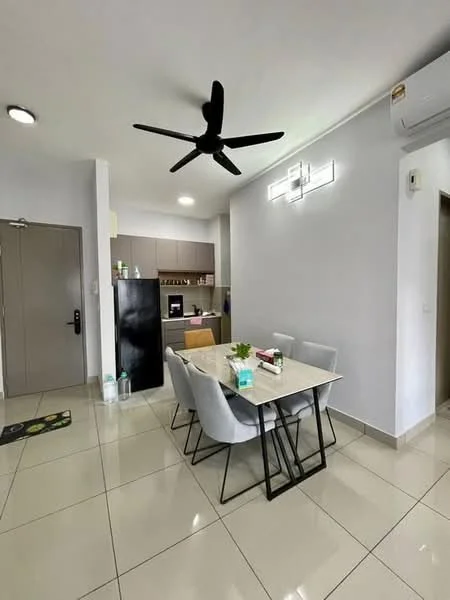Dining features: 4-seater dining table, grey upholstered dining chairs, ceiling fan with light, white painted walls, tile flooring, recessed lighting, black refrigerator, built-in cabinets, kitchen area visible in background, air conditioning unit, decorative wall light; style: modern.
