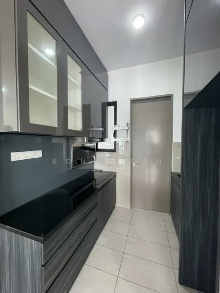 Kitchen features: grey cabinetry with glass-front upper cabinets, black granite countertop, stainless-steel sink, chrome pull-down faucet, tile backsplash, built-in oven, freestanding range oven, recessed downlights, ceramic tile flooring, neutral wall colour, mirror panel, open shelving; style: modern.