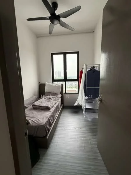 Bedroom features: single bed, grey bedding, wooden bed frame, floor-to-ceiling window, black ceiling fan, light grey walls, laminate flooring, clothes rack, curtains, view of city skyline; style: modern; view: city.