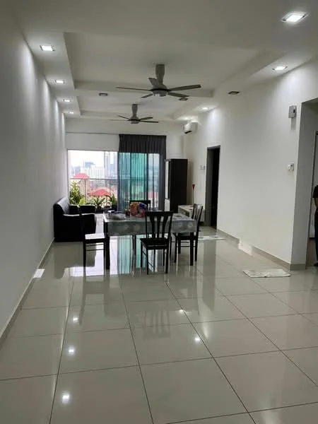 Living features: white painted walls, glossy tile flooring, 5-blade ceiling fan with light, recessed downlights, floor-to-ceiling windows, black sofa, dining table with four chairs, curtains, decorative plants, air conditioning unit; style: modern; view: city.