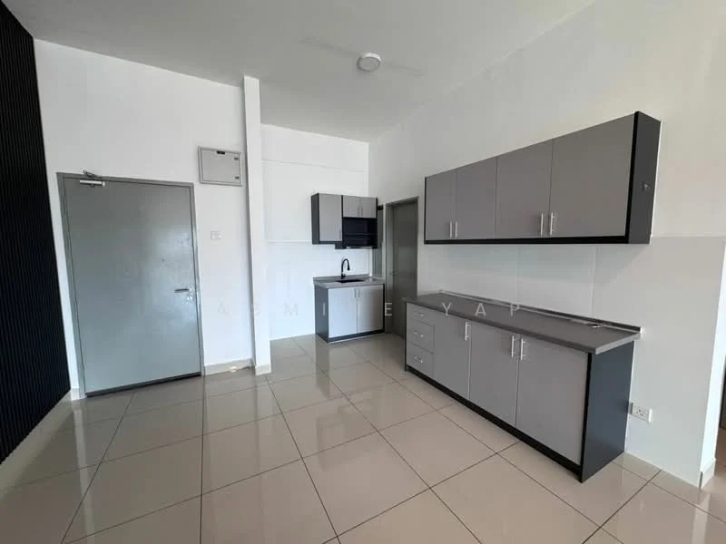 Kitchen features: grey cabinetry with flat-panel design, stainless-steel sink, chrome pull-down faucet, white tiled backsplash, countertop with grey finish, built-in refrigerator, wall-mounted cabinet, floor-to-ceiling tiles, ceramic tile flooring, single-basin sink, open layout, light fixture on ceiling; style: modern.