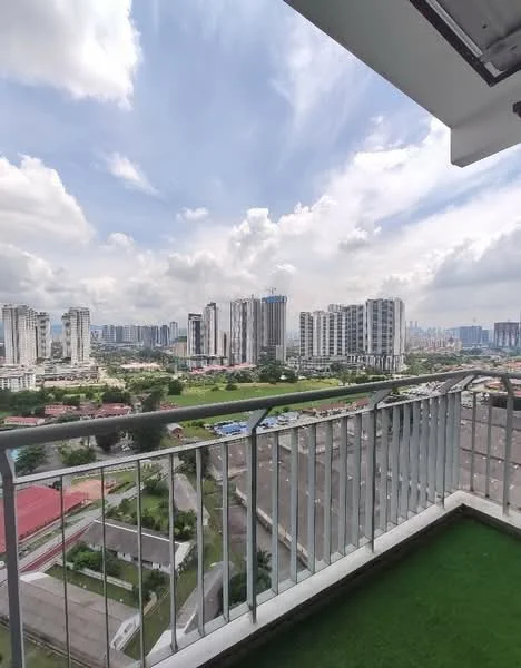 Balcony features: metal railing, green artificial grass flooring, city skyline view, high-rise buildings view, open sky, outdoor space; style: modern; view: city.