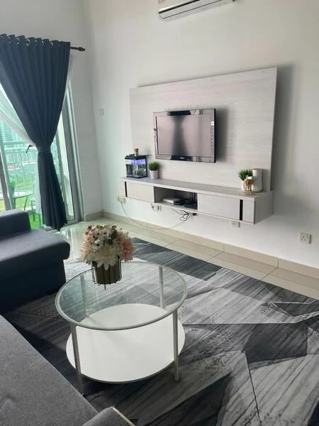 Living features: grey fabric sofa, round coffee table with white top, wall-mounted TV, light wood TV console, decorative plants on console, marble flooring, floor-to-ceiling windows, black curtains; style: modern; view: city.