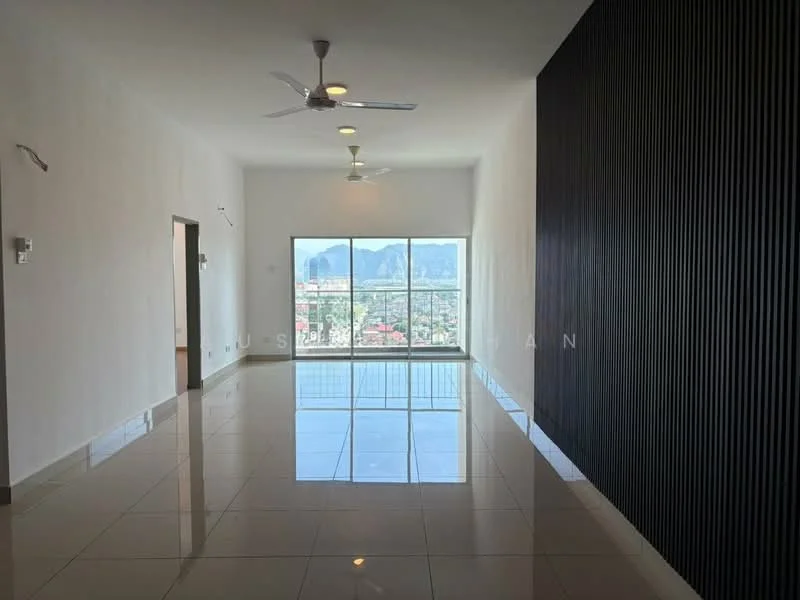 Living features: white painted walls, black accent wall with vertical slats, glossy tile flooring, floor-to-ceiling windows, mountain view, 2 ceiling fans, recessed downlights; style: modern; view: mountain.