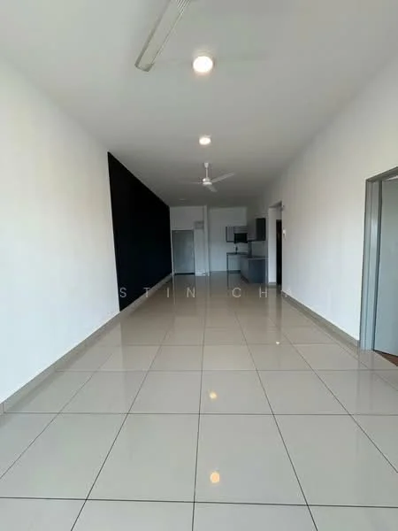 Room features: white painted walls, black accent wall, glossy ceramic tile flooring, recessed downlights, ceiling fan, open layout, kitchen area visible in the background, large windows, neutral color scheme; style: modern.