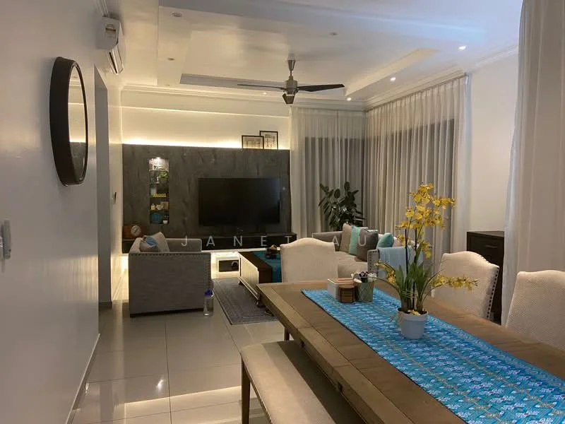 Dining features: dining table with blue runner, upholstered dining chairs, decorative vase with yellow flowers, wall-mounted TV, grey feature wall, recessed downlights, floor-to-ceiling curtains, light-colored tiled flooring, ceiling fan, built-in cabinetry, decorative wall art, sofa in living area visible, open-plan layout; style: modern.