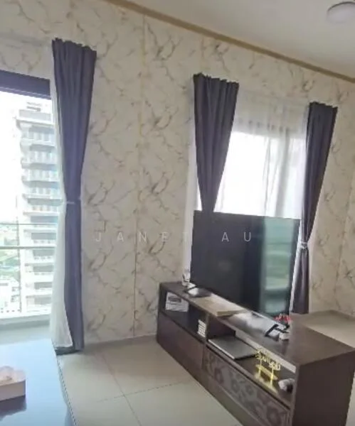 Living features: grey curtains, floor-to-ceiling window, marble-patterned wallpaper, light-colored tiled flooring, TV on wooden console, decorative items on console, natural light from window; style: modern; view: city.