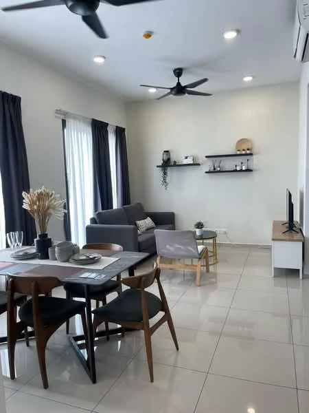 Living features: grey fabric sofa, coffee table, wall-mounted TV, 2-seater dining table, 4 dining chairs, ceiling fan with light, recessed downlights, floor-to-ceiling windows, sheer curtains, white walls, glossy tile flooring, shelf with decorative items; style: modern.