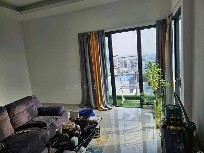 Living features: grey fabric sofa, coffee table, floor-to-ceiling windows, sliding glass door, sheer curtains, blackout curtains, decorative houseplant in ceramic pot, polished tile flooring, recessed downlights, wall-mounted TV console, area rug, decorative items on table; style: modern; view: city.