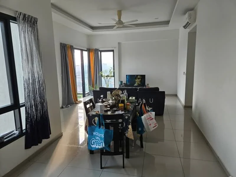Dining features: dining table with chairs, floor-to-ceiling windows, grey curtains, orange curtains, ceiling fan, wall-mounted TV, polished tile flooring, decorative plant, light-colored walls, sofa, shopping bags on table; style: modern; view: city.