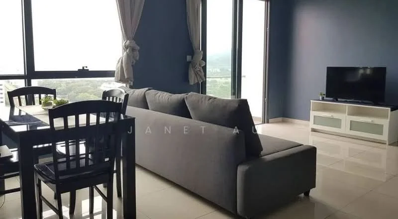 Living features: grey fabric sofa, 4-seater dining table, black dining chairs, floor-to-ceiling windows, city view, light-coloured tiled flooring, TV console with storage, wall-mounted TV, curtains, decorative plant; style: modern; view: city.