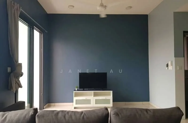 Living features: blue accent wall, light grey walls, ceramic tile flooring, 5-blade ceiling fan, wall-mounted TV, white TV console, floor-to-ceiling windows, sheer curtains, sofa in grey fabric, decorative plant on console; style: modern.