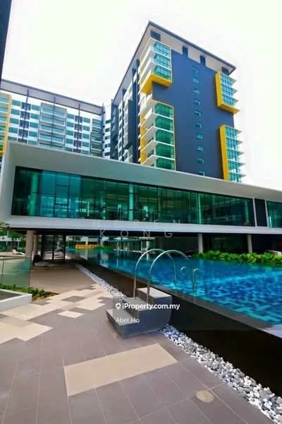 Exterior type: high-rise condominium; features: glass curtain wall, yellow accent panels, infinity pool, pool deck with loungers, landscaped garden, manicured lawn, stone-paved walkway, multiple storeys, modern architectural design; style: modern.