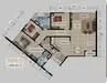 Floor plan: 2-bedroom 2-bathroom unit; features: open-plan kitchen-dining-living, master bedroom with ensuite bathroom, bedroom 2 with shared bathroom, balcony off living room, utility room, laundry area, central foyer, 1 car porch.