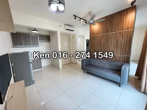 Living features: grey fabric sofa, wall-mounted TV, light wood TV console, white tiled flooring, recessed downlights, 5-blade ceiling fan, wood accent wall, air conditioning unit, open kitchen layout, kitchen cabinetry, stainless-steel fridge; style: modern.